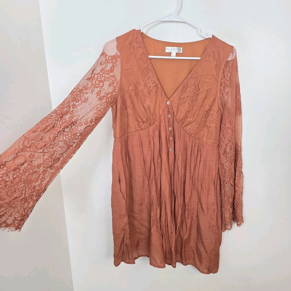 Bella Ella Orange Babydoll Boho Chic Festival Lace Sleeves Tunic Blouse Size S